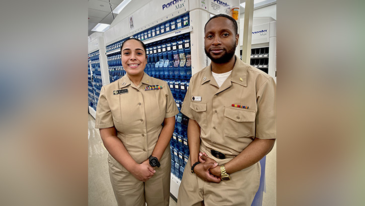 U.S. Public Health Service Lt. Catherine Bobea and U.S. Navy Lt. Andre Burnett may have had different ways to become pharmacists, but both ended up at the Naval Medical Center San Diego . (Courtesy Photo)