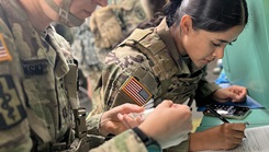 U.S. Army Capt Lauren Kaminski of Evans Army Community Hospital, Fort Carson and U.S. Army Staff Sgt. Rosalinda Bermea-Arriaga from Schofield Barracks, Hawaii, log controlled substance medications in the pharmacy at the training field hospital at Camp Bullis, Texas. Proper management of controlled substances is vital to the safety, security, and legal compliance of our forces. (Courtesy photo)