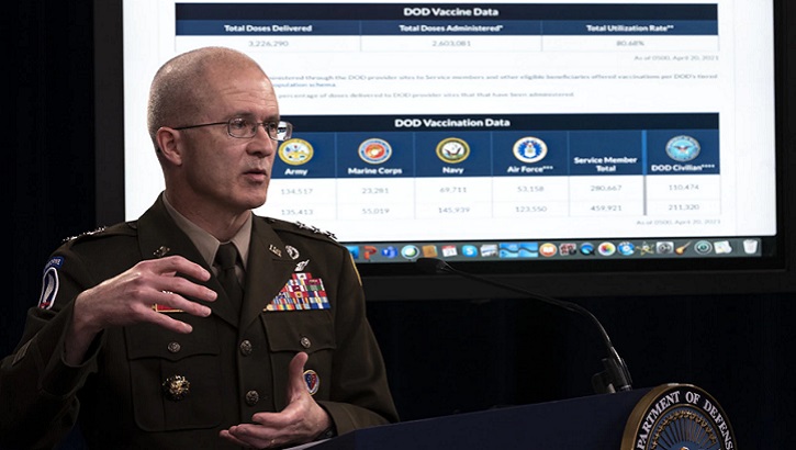 Image of Army Lt. Gen. Ronald J. Place, director of Defense Health Agency, delivers remarks at a media briefing on COVID-19 at the Pentagon, April 21, 2021. Click to open a larger version of the image.