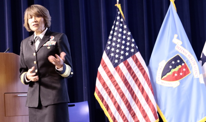 Navy Vice Adm. Raquel Bono, director, Defense Health Agency, addresses attendees of the Return On Investment Symposium, Oct. 11, 2017, at the National Oceanic and Atmospheric Administration building in suburban Washington, D.C. (Courtesy photo)