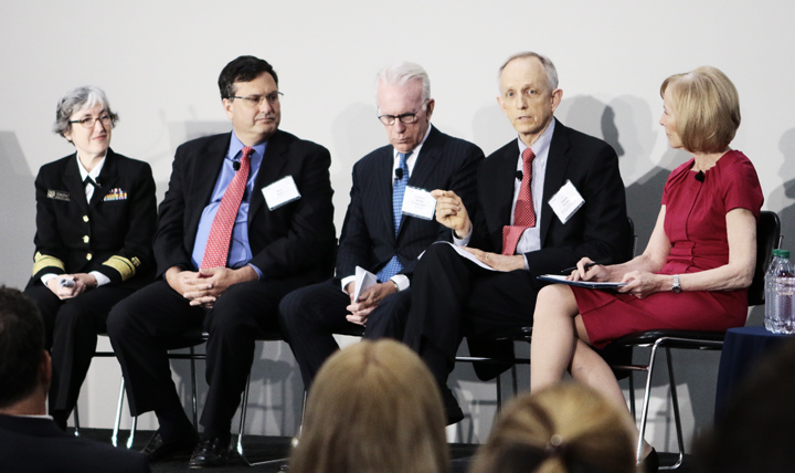 Dr. David Smith (second from the right) was part of a panel discussing the national security implications of epidemics during amfAR’s recent conference in Washington, D.C. Other panelists included, from left to right, Rear Adm. Anne Schuchat, acting director, Centers for Disease Control and Prevention; Ron Klain, former White House Ebola response coordinator and executive vice president, Revolution, LLC; Dr. Smith; Ambassador James Glassman, former undersecretary for Public Diplomacy, U.S. Department of State; and moderator Judy Woodruff, anchor and managing editor, PBS Newshour.