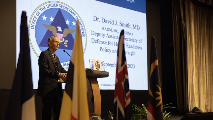 Dr. David Smith, the U.S. Department of Defense deputy assistant secretary for force health protection and readiness, delivered a keynote address on Sept. 26, 2023, at the Indo-Pacific Military Health Exchange 2023 in Kuala Lumpur, Malaysia. Smith highlighted examples of U.S. DOD global health engagement as a “powerful catalyst for building robust partnerships” and discussed current and future health security threats. (DOD photo by U.S. Army Spc. 1st Class Timothy Hughes)