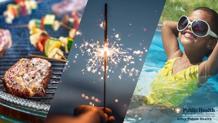 Image of Food on a grill, a sparkler, and a child in a swimming pool.