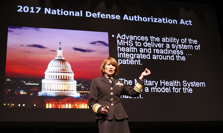 DoD leaders have announced the Interim Final Rule that charts the way forward for transforming TRICARE, the military’s health care system. Pictured here, Navy Vice Adm. Raquel Bono, director of the Defense Health Agency, speaks about provisions in the 2017 National Defense Authorization Act at the Healthcare Information and Management Systems Society 2017 conference in Orlando, Florida. (DoD photo)