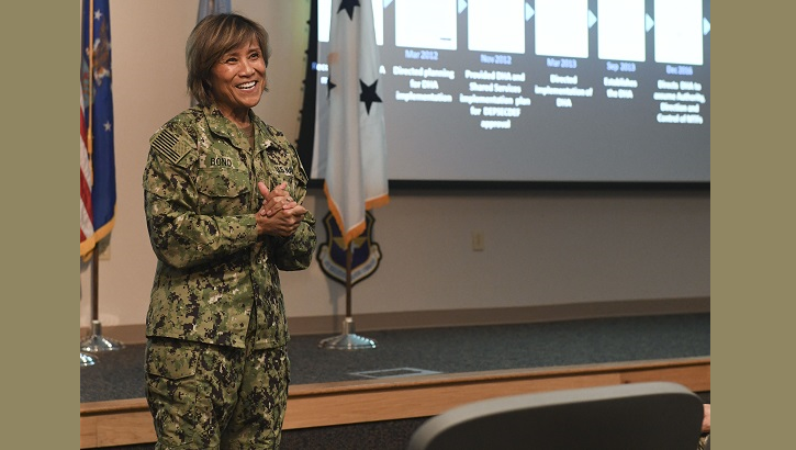 Navy Vice Adm. Raquel Bono, Defense Health Agency director, speaks at a town hall June 5, 2019 at Tyndall Air Force Base, Florida. During her visit, she applauded the medical Airmen who have endured the challenges due to Hurricane Michael. (U.S. Air Force photo by Airman 1st Class Alexandra Sing