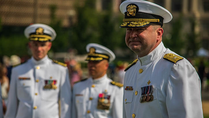 Image of Rear Admiral Brandon Taylor of the U.S. Public Health Service Commissioned Corps in dress whites at the 2019 National Independence Day Parade where he represented the U.S. Surgeon General as a presiding official with the other services. Taylor was named in February as the new director of the Defense Health Agency’s Public Health directorate. (Photo: Tanisha Blaise, Armed Forces Health Surveillance Division senior public relations and media specialist) . Click to open a larger version of the image.