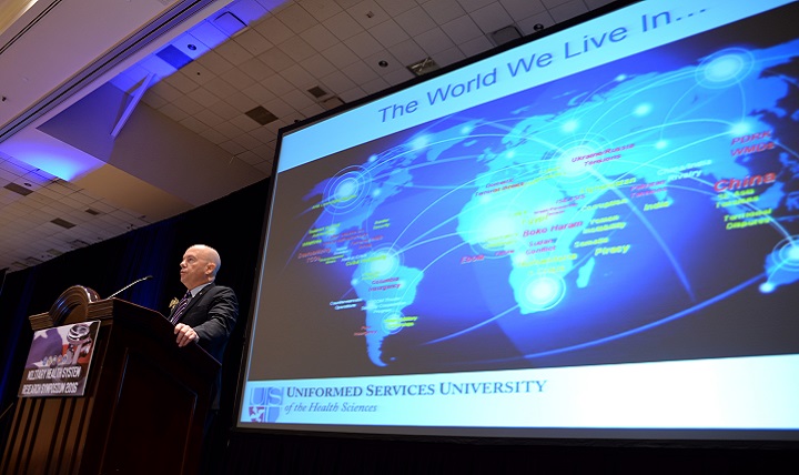 Dr. Richard Thomas, the new president of the Uniformed Services University of the Health Sciences, spoke Monday, Aug. 15 at MHSRS 2016. In his address, he reminded everyone there are still service members deployed around the world and that "Combat has always been the greatest single catalyst to medical innovation." 