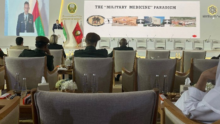 U.S. Air Force Lt. Col. Erik DeSoucy, the U.S. Air Force Trauma Deputy Director for the trauma, burn, and rehabilitative medicine team, briefs fellow civilian and military medical experts at the first annual Emirates Military Health Conference in Abu Dhabi, in January 2023. The team’s mission is to advise, train, mentor and provide technical support to United Arab Emirates medical forces, the Sheikh Shakhbout Medical City, and referral facilities within the medical network while enhancing capabilities that could someday benefit U.S. forces in the region. (Courtesy photo) 