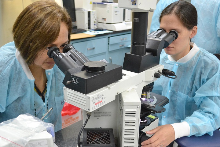 Navy LCDR Kimberly Edgel (right) and Carmen Lucas examine a positive malaria blood smear at U.S. Naval Medical Research Unit, or NAMRU, 6 in Callao, Peru. (U.S. Navy photo)