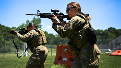 U.S. Air Force Senior Airman Adrianna Williams, left, and U.S. Air Force Airman Madalyn Duke, 66th Security Forces Squadron entry controllers, wear female body armor during a training at Hanscom Air Force Base, Massachusetts, June 29.