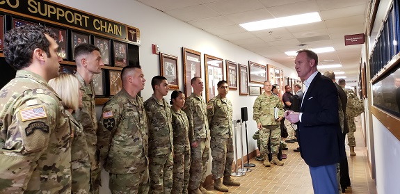 Deputy Defense Secretary Patrick M. Shanahan talks to staff at Womack Army Medical Center, Fort Bragg, North Carolina, July 26, 2018. Shanahan met with military health officials to discuss Army medical readiness, as well as the transfer of administration and management of military medical treatment facilities to the Defense Health Agency beginning Oct. 1, 2018. (DoD photo by Lisa Ferdinando)