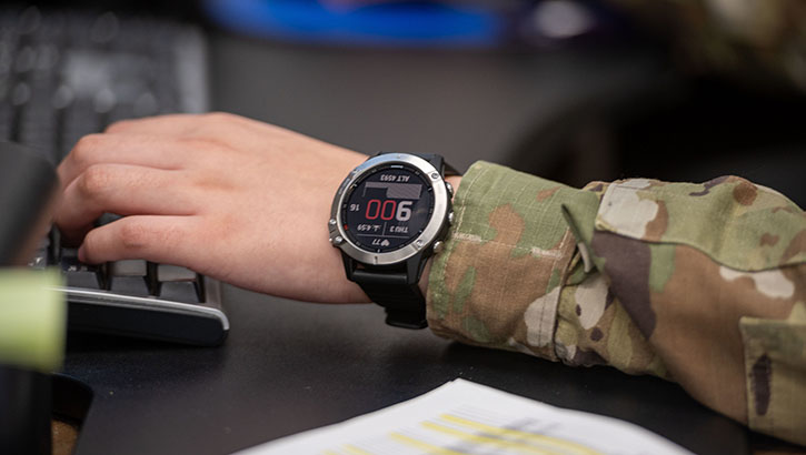 U.S. Air Force Airman Katiha Falcon wears a watch at Hill Air Force Base, Utah, on Dec. 3, 2020. The wearable technology is part of a study with the Defense Innovation Unit that will allow detection of illnesses such as COVID-19 within 48 hours. (Photo by Cynthia Griggs, U.S. Air Force)