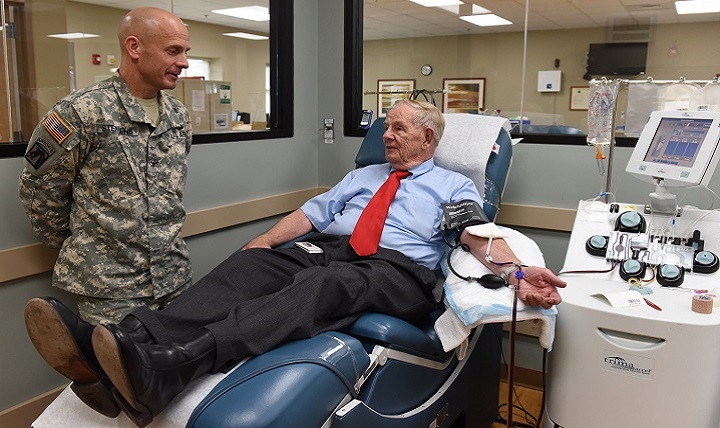 Al Whitney donates blood at the Fort Bragg Blood Donor Center as part of his “Platelets Across America” campaign. 