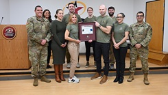 The U.S. Army Research Institute of Environmental Medicine Army Comprehensive Body Composition Study team was recognized this quarter with the Army Surgeon General and Army Medical Department Civilian Corps Wolf Pack Award. Front left to right: U.S. Army Staff Sgt. Kyle Reitnauer, Katie Taylor, Holly McClung, Matt Bartlett, Leila Walker, U.S. Army Sgt. First Class Michael Aponte Back: Cara Sczuroski, Tyler Oliver, Jessica Gwin, Stephen Foulis (Photo by Carey Phillips, USARIEM Public Affairs )