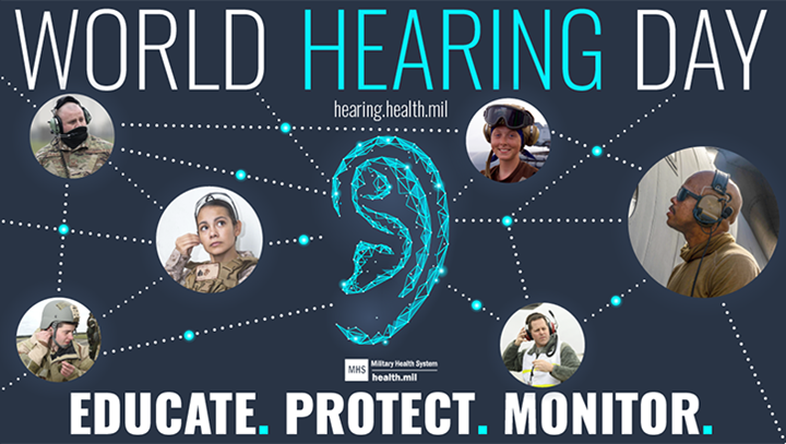 Image of An infographic with the words "World Hearing Day" at the top, images of people using their hears to listen, and "educate, protect, monitor" at the bottom.