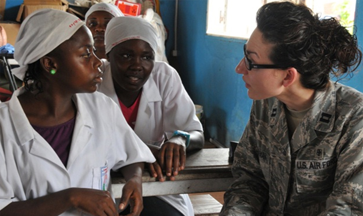 Air Force Capt. Crystal Karahan, U.S. Air Forces in Europe, Air Forces Africa international health specialist, talks to Cameroonian nursing students during a clean site delivery workshop in Douala, Cameroon. (Courtesy photo) 