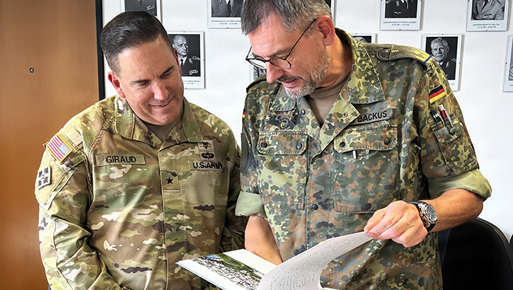 U.S. Army Brigadier General Roger Giraud (left), commander of Medical Readiness Command, Europe and director of Defense Health Network Europe recently met with Major General (Dr.) Backus, (right) Commander of the newly established German Bundeswehr Health Care Command and Deputy Surgeon General for the Bundeswehr.
