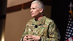 U.S. Air Force Maj. Gen. Sean T. Collins presents during the Senior Leader Workshop in Leesburg, Virginia, Dec. 7, 2023. Collins was appointed as the Air Force’s Medical Commander new commander Sept. 24, 2004. (Photo by Megan Hearst/U.S. Air Force)