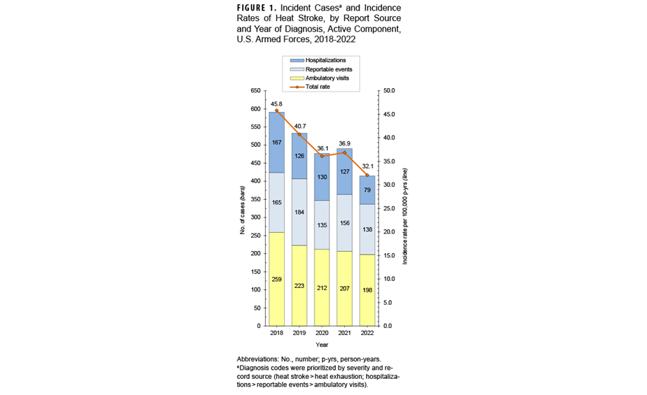FIGURE 1. Confirmed and Probable Mpox Cases Among MHS Beneficiaries, by Month of Symptom Onset, May 2022-April 2024. This chart presents a bar graph of 13 vertical bars, seven of which are stacked columns of two measures; the remaining six represent only one measurement. The x axis is divided into 24 units of measure, each representing a month, starting with May 2022 and concluding with April 2024, for a total of two years. The vertical, or y-, axis represents the number of cases of mpox, in units of 10. All 13 vertical bars illustrate active duty service members who were diagnosed with mpox, while the seven stacked bars of two measures also illustrate Military Health System beneficiaries diagnosed with mpox in that same month.  The chart shows that, by far, the greatest numbers of service members and Military Health System beneficiaries were diagnosed in July and August of 2022, with approximately 33 and 45 service members diagnoses in July and August, respectively, and approximately 12 and 10 Military Health System beneficiaries diagnosed, respectively, in those same months. Cases declined dramatically, by nearly two-thirds, in September, and by December 2022 no cases had been diagnosed or reported. For nearly a year no cases were diagnoses or reported, until October 2023. For the next five months, a small number, less than five, of cases were diagnosed or reported; Military Health System beneficiary cases were reported or diagnosed in only October 2023 and February 2024. In April 2024 no cases were reported.      