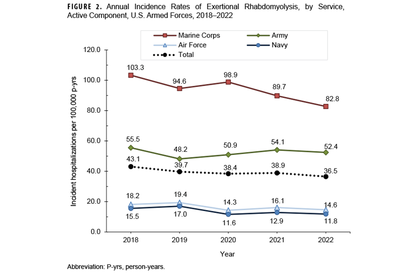FIGURE 2. BMI and Age Interaction-Adjusted Probabilities for COVID-19 Hospitalization, Male Active Duty U.S. Army Soldiers, May 2020–November 2021. This graph presents four distinct lines on the x-, or horizontal, axis. Each line represents a discrete body mass index, or BMI, category: underweight, healthy weight, overweight, obese. The vertical, or y-, axis indicates the estimated probability, from zero to one, within the specific range of 0.00 to 0.08, in units of 0.01. The horizontal, or x-, axis represents a continuous age range, starting at 17 years and ending at 60 years. Estimated probability for hospitalization was under 0.01 for all BMI categories at age 17, and remained below 0.01 for the underweight and normal weight BMI categories throughout the age continuum, with declining probability for both categories. The highest probability of hospitalization for COVID-19, at nearly every age, was for the obese BMI category; the only exception was for the youngest ages, younger than age 20 years, during which underweight BMI was marginally more probable for hospitalization. Obese BMI probability for hospitalization rose from under 0.01 to nearly 0.07 at age 60 years. Overweight BMI probability for hospitalization rose slightly throughout the age continuum, to just over 0.01 by age 60 years.