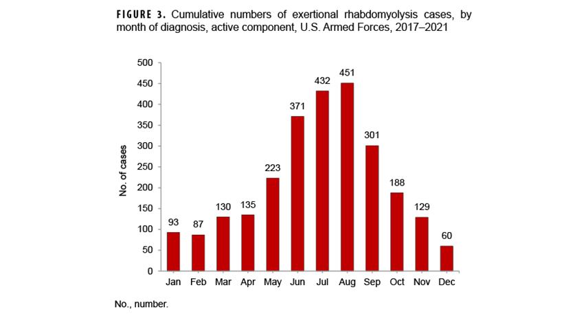 This chart of 12 vertical columns, each representing a month of the year, depicts the cumulative number of exertional rhabdomyolysis cases by month of diagnosis during the five-year period from 2019 through 2023 among active component service members. July and August had the highest cumulative cases, nearly equal in number, followed by June. The months of September and May were next in rank order, December and February had the smallest numbers of cases. Although the seasonal pattern of case counts was not surprising, cases were documented throughout the year.