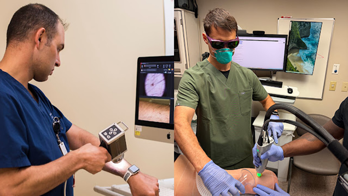 Left: Air Force Reserve Col. (Dr.) Thomas M. Beachkofsky performs a dermatologic skin examination. Right: Army Col. (Dr.) Austin Cox takes part in a laser cutaneous rehabilitation session