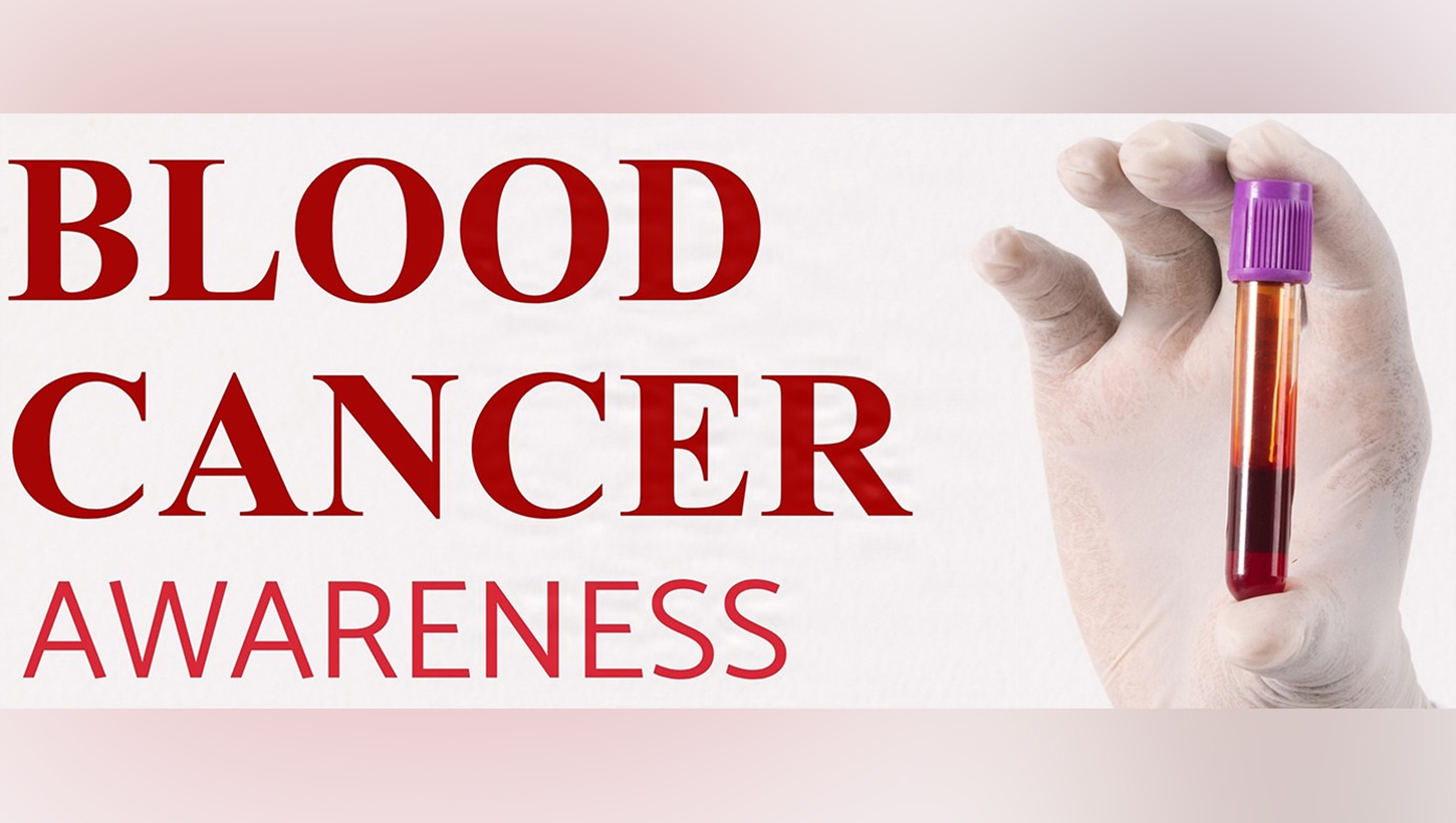 Image of Graphic of a hand holding a vile of blood saying "blood cancer awareness".