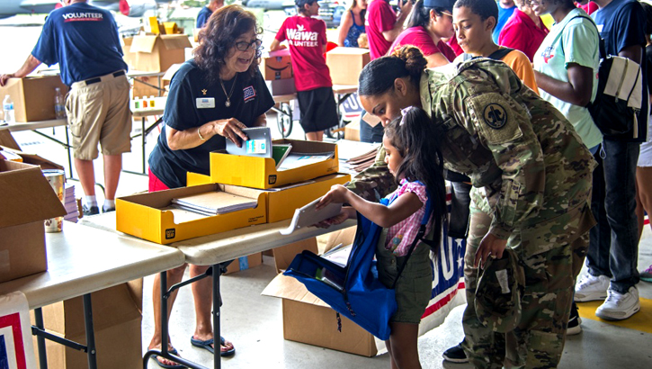 U.S. Army Sgt. 1st Class Ayla Soltren, a 5th Battalion Army Reserve Career Division counselor, collects school supplies with her daughter, Lana, at a Back to School Info Fair hosted by the 6th Force Support Squadron at MacDill Air Force Base, Fla., Aug. 3, 2019. Another tradition of the season is making sure vaccinations are up to date to keep students healthy and protected. (U.S. Air Force photo by Airman 1st Class Ryan C. Grossklag)