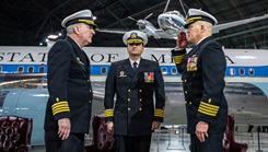 Capt. J. Russell Linderman, Naval Medical Research Unit (NAMRU) Dayton Commanding Officer, takes command from Capt. William Howard during the NAMRU Dayton change of command ceremony