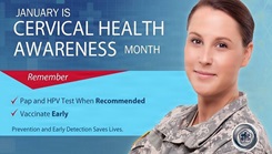 Military personnel on a graphic that says "Cervical Health Awareness Month"