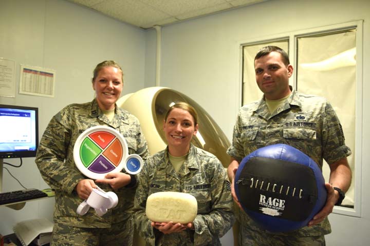 From left, Air Force Capt. Abigail Schutz, 39th Medical Operations Squadron health promotions element chief, Staff Sgt. Jennifer Mancini, 39th MDOS health promotions technician, and Tech. Sgt. Brian Phillips, 39th MDOS health promotions flight NCO in charge, pose for a photo at Incirlik Air Base, Turkey. Learning about proper nutrition can help service members stay healthy and ensure theyâ€™re in optimal warfighting shape. (U.S. Air Force photo by Staff Sgt. Matthew Wisher)