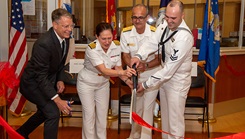 Mr. John Henley, Naval Medical Center San Diego's Inpatient Mental Health Department Head, left, Capt. Elizabeth Adriano, NMCSD's Director, center left, Rear Adm. Guido Valdes, Commander, Naval Medical Forces Pacific, center right, and Hospital Corpsman 2nd Class Matthew Stier, right, cut a ribbon during a ribbon-cutting ceremony