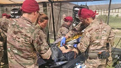 French military medical personnel treat a simulated casualty