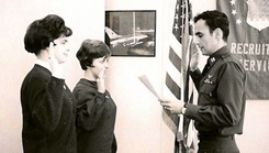 U.S. Air Force Maj. (Dr.) Linda Spoonster Schwartz takes her oath upon joining the service at a recruitment center in Idaho