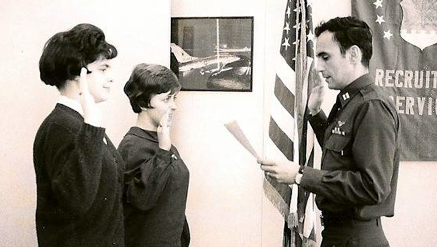 U.S. Air Force Maj. (Dr.) Linda Spoonster Schwartz takes her oath upon joining the service at a recruitment center in Idaho