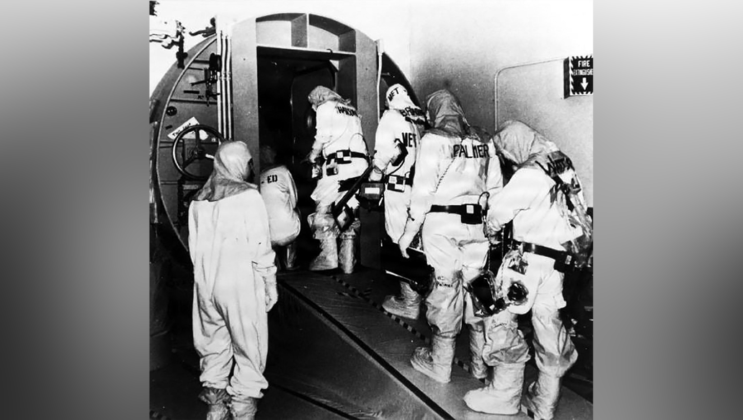 Art Palmer and other radiation safety professionals enter Three Mile Island Unit 2 Reactor Building in December 1980 to conduct radiation-level readings following the reactor's partial meltdown