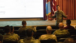 Col. James "Jimmy" Watts, commander and director of Madigan Army Medical Center, speaks during the medical center's inaugural Hospital Grand Rounds
