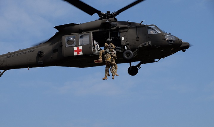 Link to Photo: Soldiers from the 7th Mission Support Command, Medical Support Unit-Europe conduct medical evacuation training with Staff Sgt. Jessie Turner, flight medic with the 1st Armored Division's Combat Aviation Brigade. (U.S. Army photo by Sgt. 1st Class Matthew Chlosta)