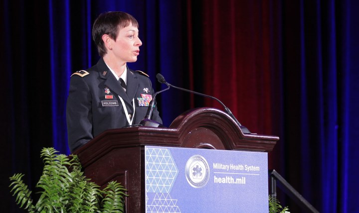 U.S. Army Medical Research and Materiel Command and Fort Detrick Commanding General Barbara R. Holcomb delivers a keynote speech on prolonged field care at the 2017 Military Health System Research Symposium Aug. 28. (Photo Credit: Jaime Chirinos/DHA Communications)