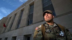 Army Spc. Elias Figueroa, a combat medic assigned to 273rd Military Police Company, District of Columbia National Guard, stands in front of the D.C. National Guard Armory in Washington, Aug. 31, 2025. Figueroa, also a third-year medical student, has assessed or treated multiple patients while assigned to the D.C. Safe and Beautiful Task Force, Joint Task Force District of Columbia. (Photo by Army Sgt. 1st Class Jon Soucy)