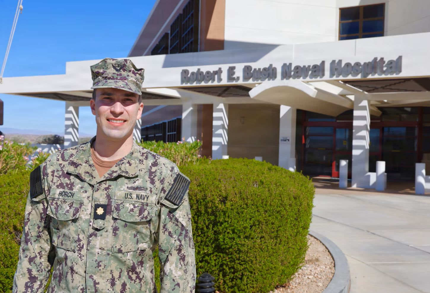 Lt. Cmdr. Matthew Horch, Navy Medicine Readiness and Training Command Twentynine Palms' Public Health Emergency Officer (PHEO) and occupational health department head, poses for a photo outside Robert E. Bush Naval Hospital