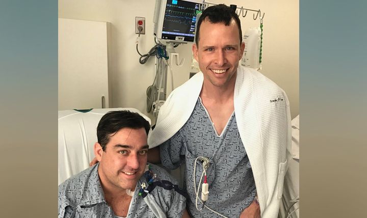 West Point classmates Chris Connelly (left) and Air Force Col. Dave Ashley feel well enough to pose for a photo the day after Ashley donated a kidney to Connelly. (Courtesy photo)