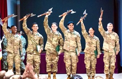 Soldiers from Medical Readiness Command, Europe, consisting of U.S. Army 1st Lt. Sabien Kent, U.S. Army Staff Sgt. Andrei Ciont, U.S. Army Sgt. Gage Crisp, U.S. Army Spc. Riley McMurren, U.S. Army Spc. Ricardo Delgado, and U.S. Army Spc. Selena Castro