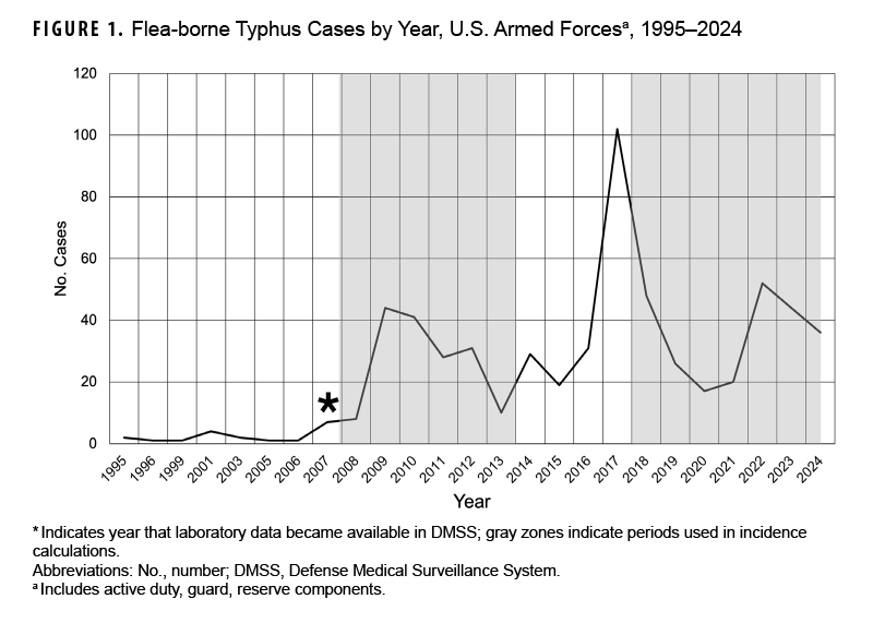 FIGURE 1. Flea-borne Typhus Cases by Year, U.S. Armed Forces, 1995–2024 This line graph illustrates the annual count of flea-borne typhus cases among U.S. military service members over a 30-year surveillance period, from 1995 through 2024. This chart tracks the temporal trends and annual fluctuations of flea-borne typhus diagnoses within the military population, highlighting the impact of incorporating laboratory-confirmed data starting in 2007. The data show that, from 1995 through 2006, case counts remained very low, averaging under 20 cases per year. Following the availability of laboratory data in the Defense Medical Surveillance System in 2007, reported cases demonstrated a general upward trend, with notable annual fluctuations. A significant, sharp spike occurred in 2017, when cases peaked at approximately 100. This spike was followed by a subsequent decline during 2020 and 2021 to around 40 to 50 cases, aligning with pandemic-era declines in broader disease surveillance, before stabilizing at approximately 40 cases in 2024. Overall, the average annual cases increased from 24.8 cases per year during the 2007–2014 period to 39.5 cases per year during the 2015–2024 period.