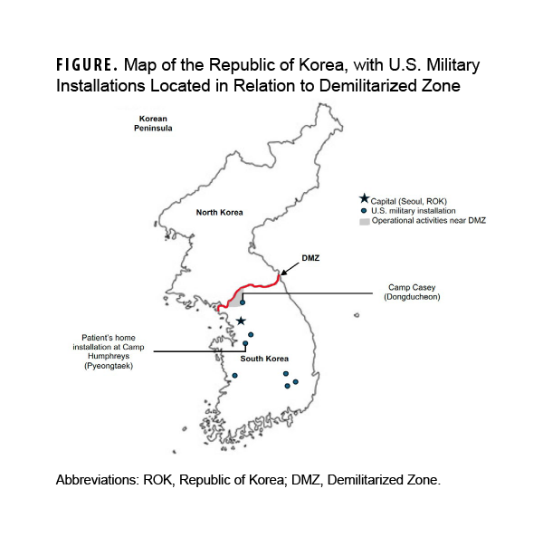FIGURE. Map of the Republic of Korea, with U.S. Military Installations Located in Relation to Demilitarized Zone This localized geographic map displays the Korean peninsula, focusing on key operational areas and military installations in the Republic of Korea relevant to a case of delayed-onset malaria. The purpose of this diagram is to illustrate the spatial relationship between the patient’s permanent station, training sites, and malaria exposure risk. The map identifies the Demilitarized Zone (DMZ) along the northern border of South Korea as the high risk operational area where the patient’s field exposure occurred. It contrasts this northern border region with Camp Casey in Dongducheon (located near the DMZ where high risk field activities take place) and the patient’s home installation, Camp Humphreys in Pyeongtaek, which is situated much further south in a low-risk urbanized area. The map demonstrates that malaria transmission in the Republic of Korea is highly localized near the DMZ, explaining how a service member stationed at a low-risk southern base can still contract Plasmodium vivax malaria due to temporary field training exposures in the north.