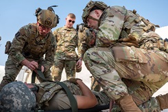 Photo by Tech. Sgt. Kristen Pittman, U.S. Air Forces Central Command, of airmen participating in a life-saving skills course to reduce preventable deaths caused by common combat-related injuries. This work must comply with the restrictions shown on https://www.dvidshub.net/about/copyright . 