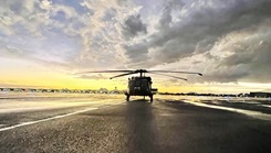 An Army HH-60M Black Hawk medical evacuation helicopter assigned to Joint Task Force Southern Border sits on a flight line