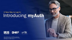 Graphic of a man typing on a computer that says "A new way to Log in: Introducing myAuth"