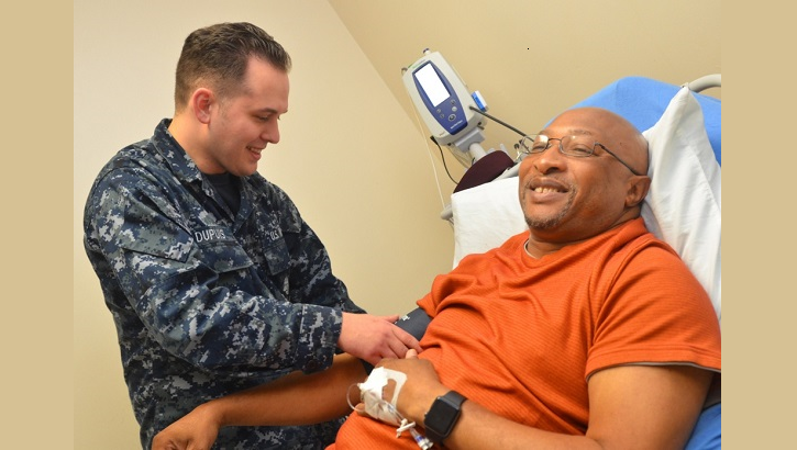 Hospitalman Payton Dupuis, a native of Mill City, Oregon, checks veteran Joseph Levette’s blood pressure at Naval Hospital Jacksonville’s internal medicine clinic. “Men’s health is a vital part of the mission,” stated Dupuis. “We need a healthy workforce to succeed.” (U.S. Navy photo by Jacob Sippel)