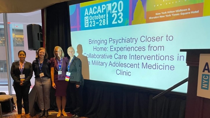 Navy Psychiatry Specialty Leader, NMCSD Child/Adolescent Psychiatry faculty, and two psychiatry residents present on improving care for adolescents in primary care settings at the 2023 Annual Meeting of the American Academy of Child & Adolescent Psychiatry.